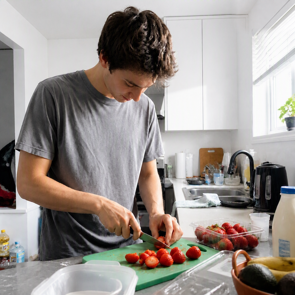 A young college student cutting fresh fruit on a green cutting board in his kitchen.