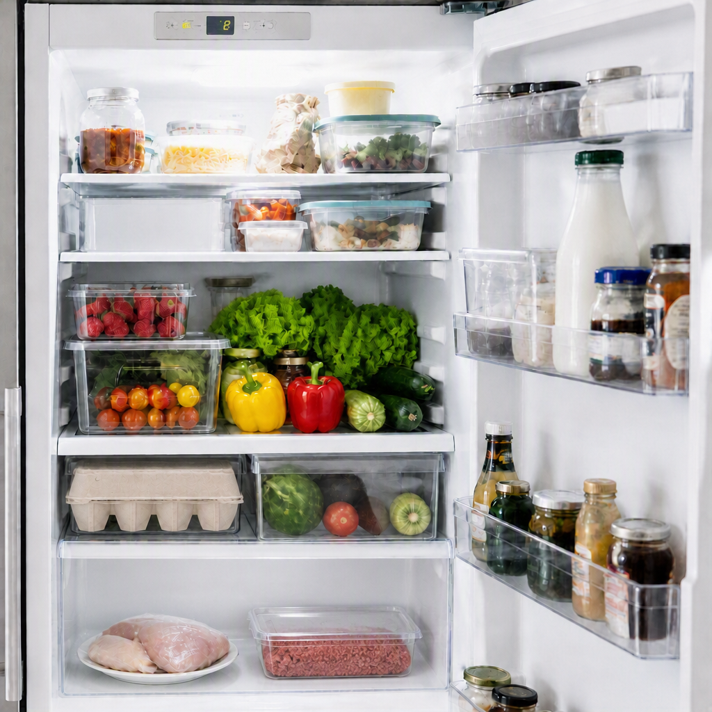 A stainless steel refrigerator with the door open in a bright modern kitchen, shelves stocked with fresh produce and dairy.