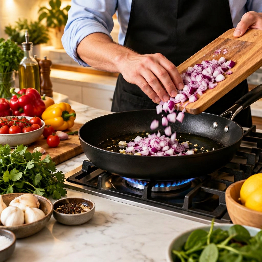 A cook in a light blue shirt and black apron adding chopped red onions to a frying pan on a gas stovetop, with fresh ingredients spread across the countertop.