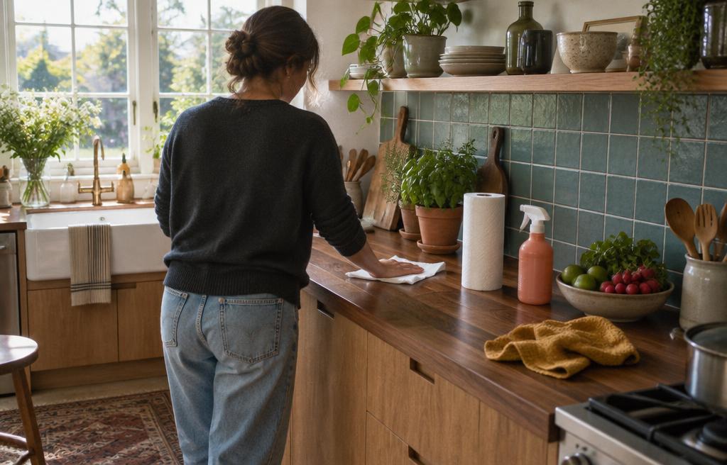 A woman wiping a wood kitchen counter with a cloth next to a spray bottle, paper towels, and fresh produce