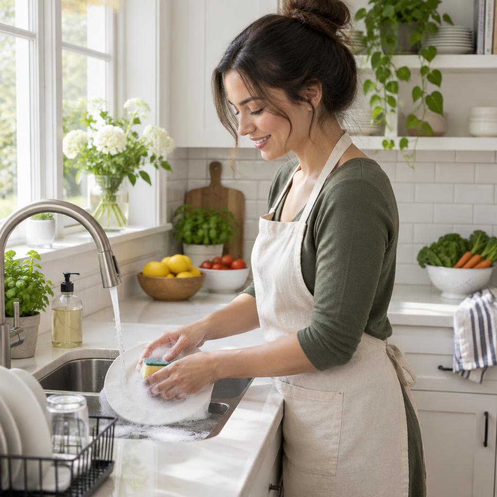 A woman in a cream apron washing dishes at a bright modern kitchen sink, warm soapy water, clean countertops with fresh produce.