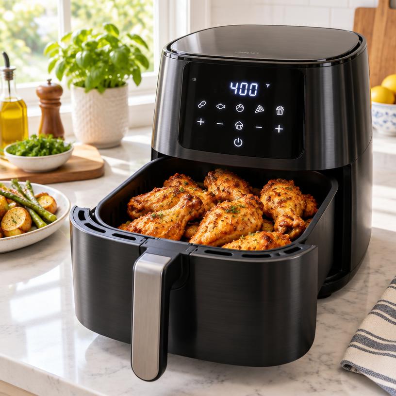 A modern digital air fryer in a bright kitchen with the basket pulled out showing crispy golden food.