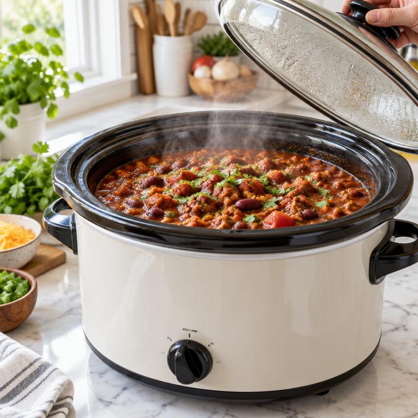 A ceramic slow cooker in a bright kitchen with the lid lifted showing a hearty stew simmering, steam rising.