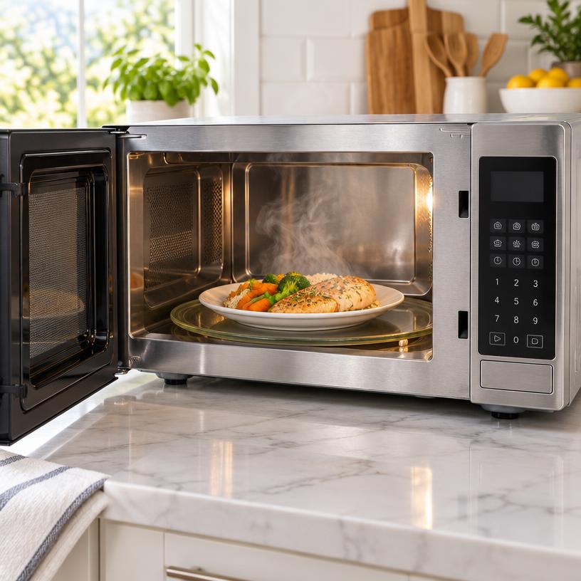 A stainless steel microwave oven in a bright kitchen with a plate of food being reheated, steam rising.