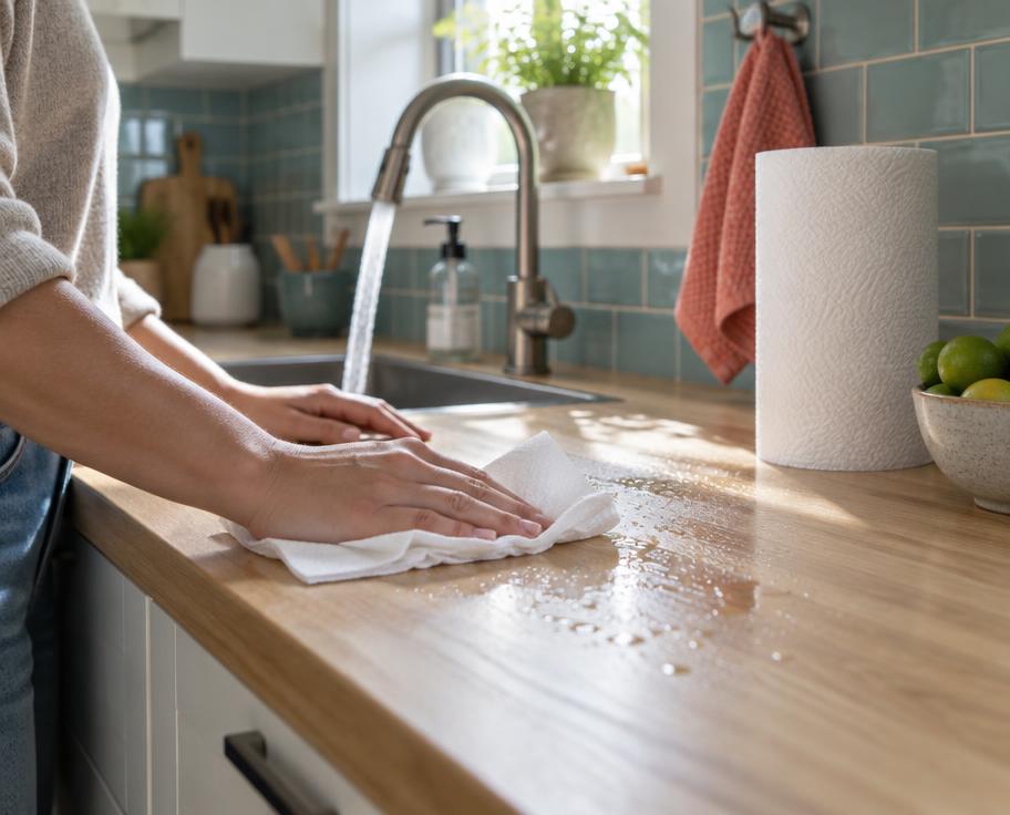 Hands rinsing a wood counter with a paper towel dampened in clean water by the sink