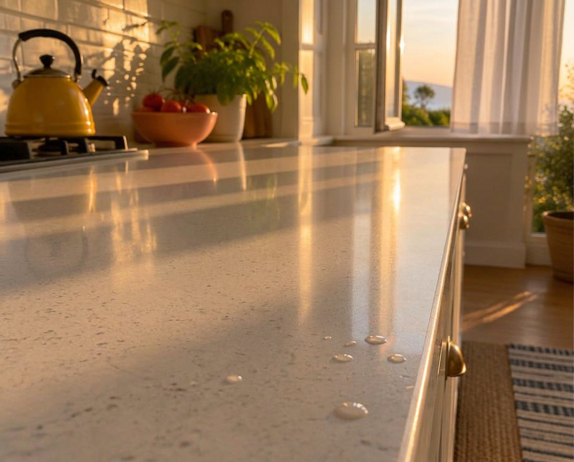 A clean empty counter with water droplets air-drying in golden evening light