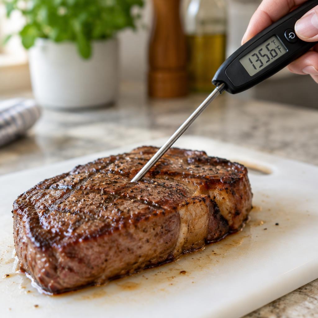 A digital meat thermometer inserted at a diagonal angle into the thickest part of a grilled steak, showing the temperature reading on the display.
